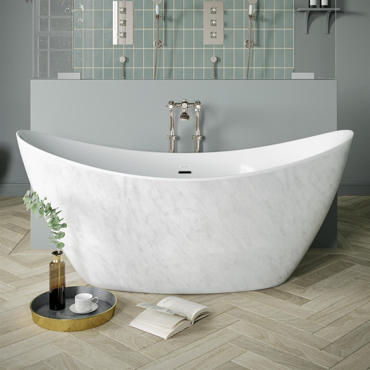 Heritage Modern Freestanding Bath Heritage Wenlock Freestanding Acrylic Double Ended Bath - 1735 x 730mm - in White Marble Effect
