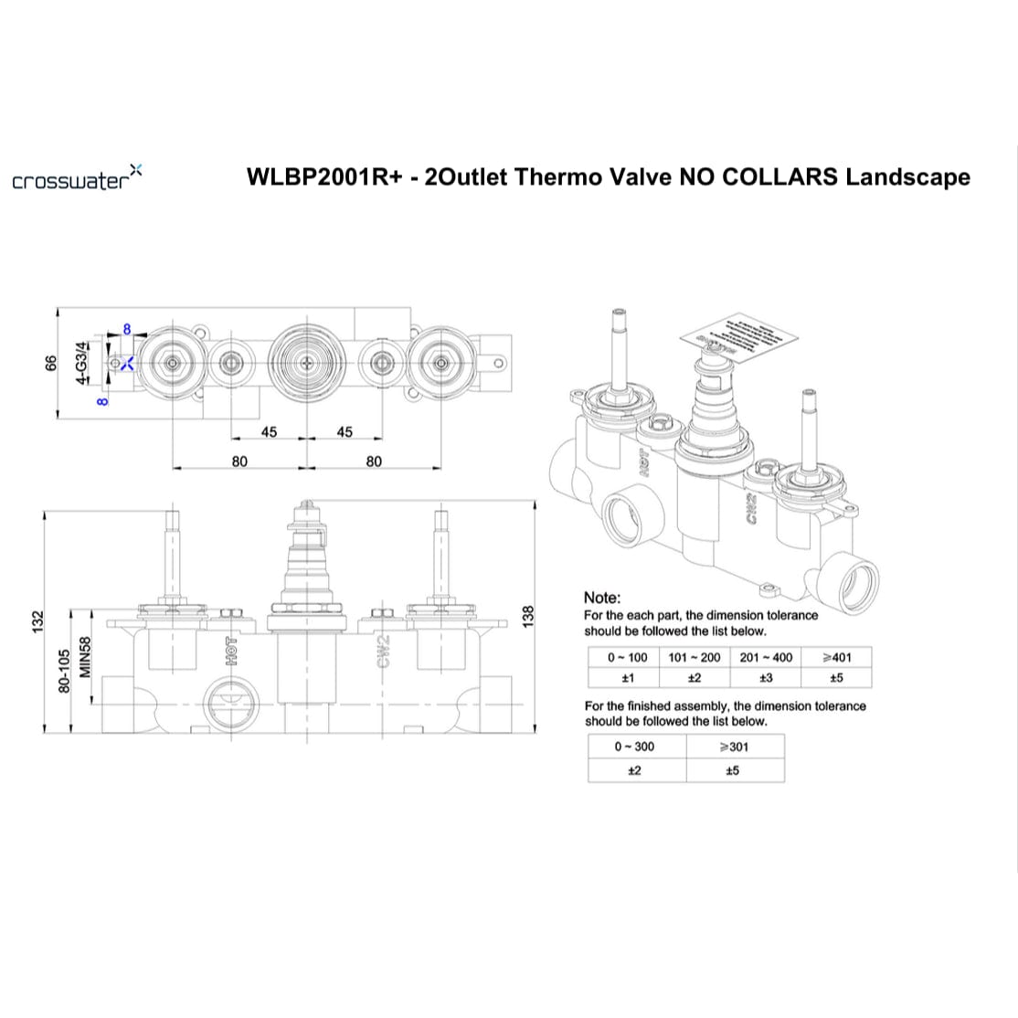 Crosswater Concealed Shower Valve Crosswater MPRO 2 Outlet, 3 Handle Horizontal Concealed Thermostatic Shower Valve