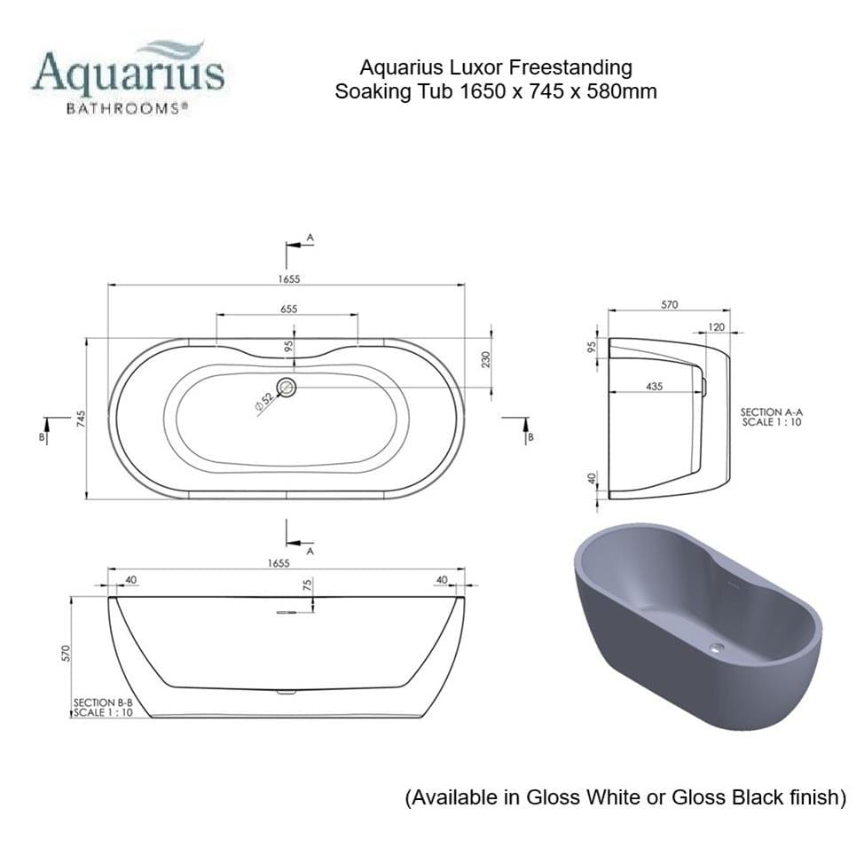 Aquarius Modern Freestanding Bath Aquarius Luxor Freestanding Soaking Bath Tub - 1650 x 745mm - Gloss White