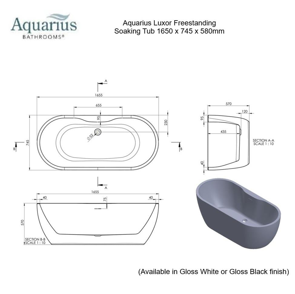 Aquarius Luxor Freestanding Soaking Bath Tub - 1650 x 745mm - Gloss White
