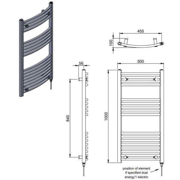 Vogue 1000 x 500 / Electric Only Vogue Combes Curved Ladder Towel Rail in Chrome
