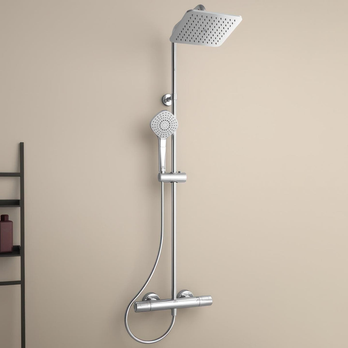 Ideal Standard Exposed Shower Set Ideal Standard Ceratherm T100 Exposed Thermostatic Shower Valve Set with Square Showerhead, Adjustable Riser and Handset in Chrome