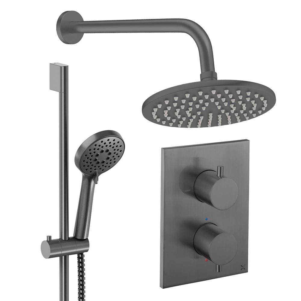UK Bathroom Store Concealed Shower Set Slate / Wall Arm / 200mm Crosswater Crossbox Shower Set 4 - 2 Outlet with Riser Rail Kit and Fixed Overhead Showerhead