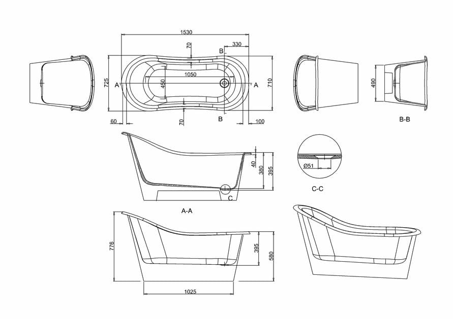Burlington Roll Top and Slipper Freestanding Bath Burlington Emperor Freestanding Slipper Bath - 1530 x 730mm - White