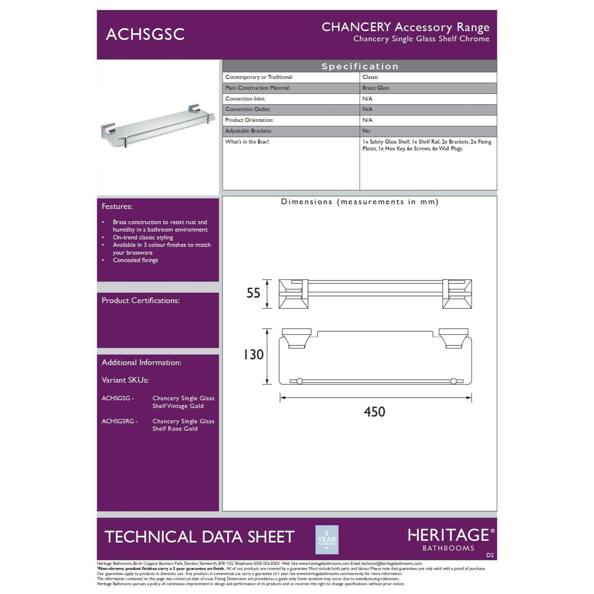 Heritage Shelf Heritage Chancery Single Glass Shelf in Chrome