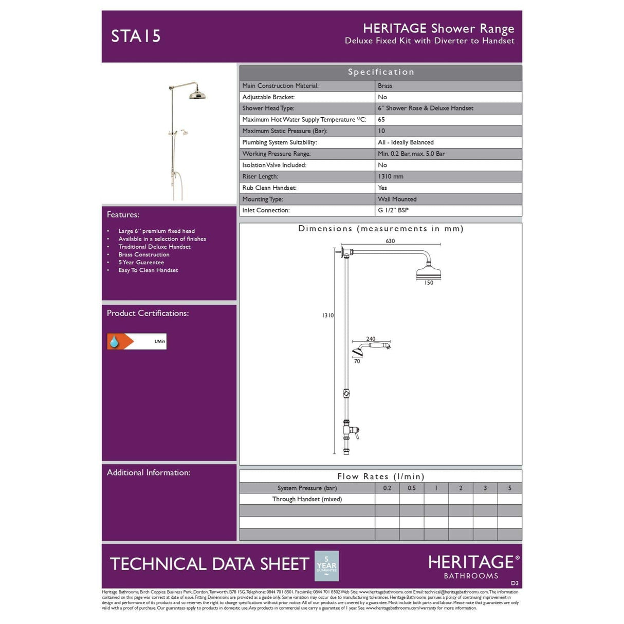 Heritage Shower Riser Rail Heritage Fixed Rigid Riser Shower Kit with Diverter to Fixed Shower Head and Handset