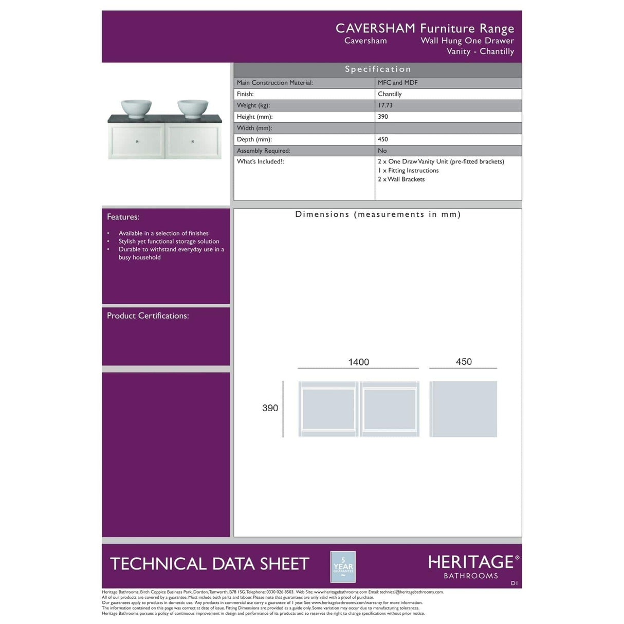 Heritage Wall Mounted Vanity Unit Heritage Caversham Wall Mounted Vanity Unit with Worktop - 1400mm