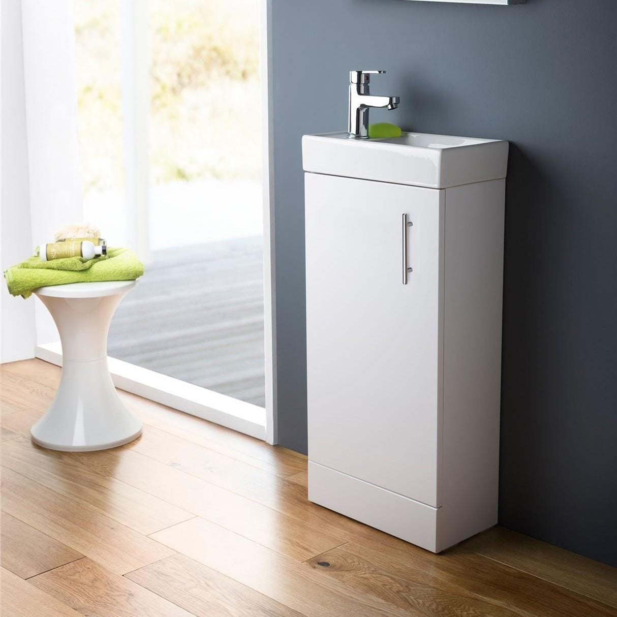 Aquarius Bathrooms Cloakroom Vanity Unit White Gloss Aquarius Byron 400mm Floor Standing 1 Door Cloakroom Vanity Unit with 1 Tap Hole Basin