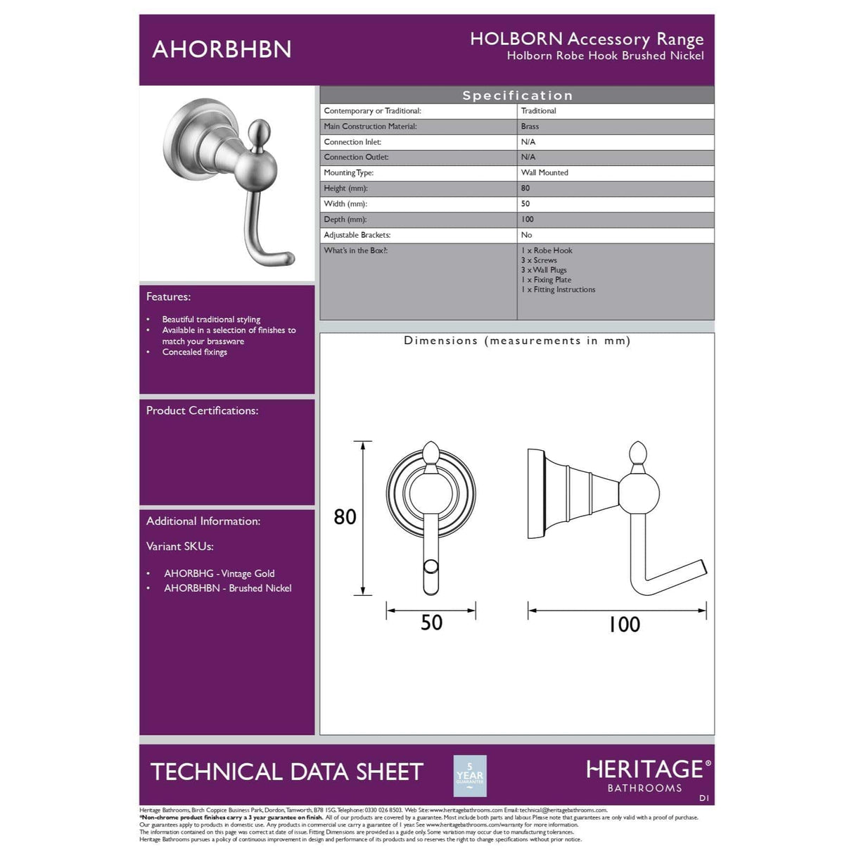 Heritage Robe Hook Heritage Holborn Robe Hook