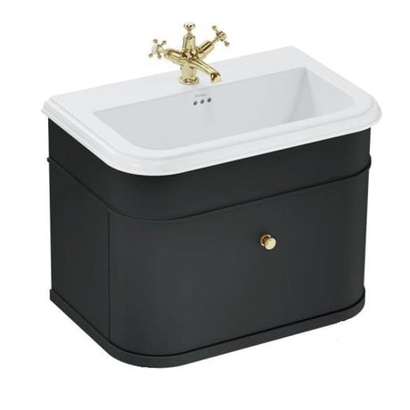 Burlington Wall Mounted Vanity Unit Matt Black / Ceramic Basin - 3 Tap Hole / Gold Burlington Chalfont 750mm Wall Mounted Single Drawer Vanity Unit with Basin