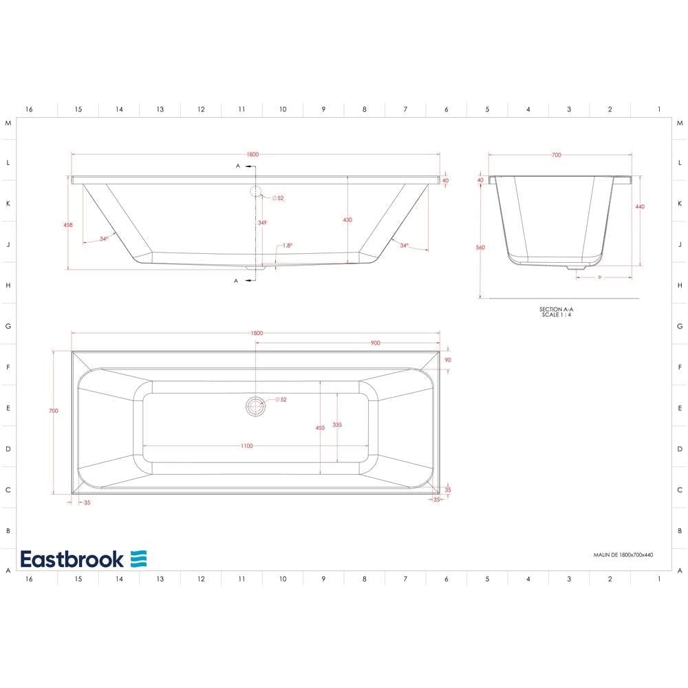 Eastbrook Double Ended Bath 1800 x 700 / 5mm Eastbrook Malin Double Ended Bath