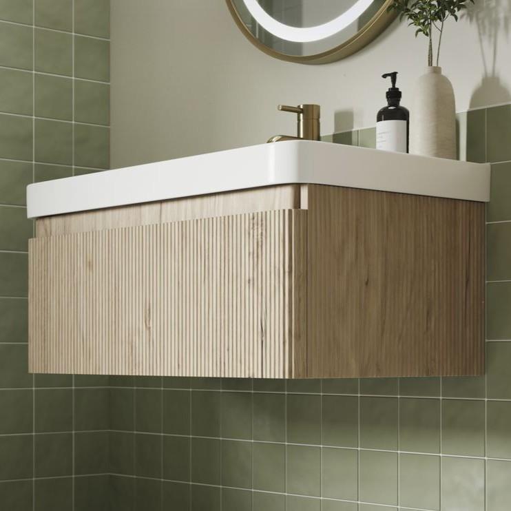 Aquarius Corinthe Fluted Wall Mounted One Drawer Vanity Unit with Basin in Textured Oak