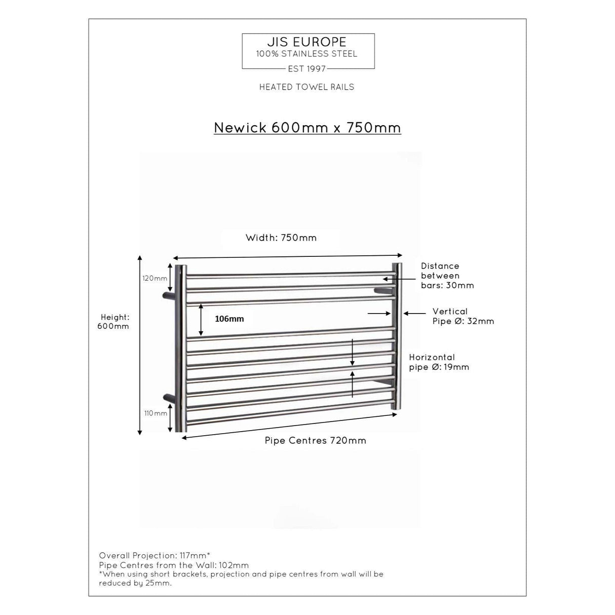 JIS Ladder Rail JIS Sussex Newick Horizontal Stainless Steel Heated Towel Rail