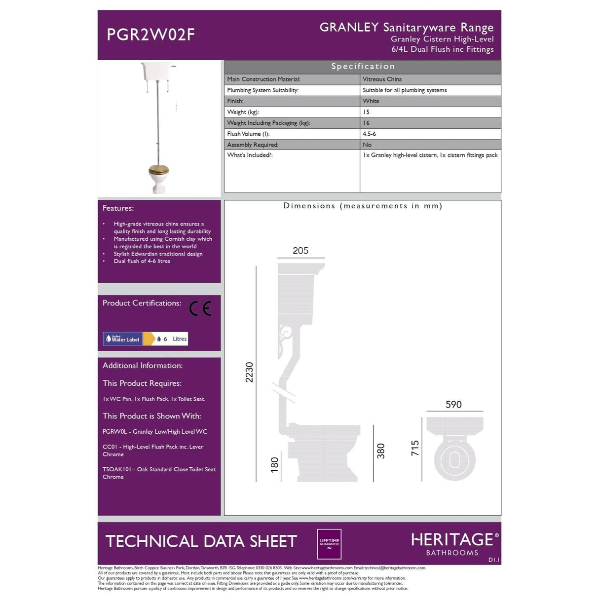 Heritage High Level Toilet Heritage Granley High Level Toilet with Fittings Pack