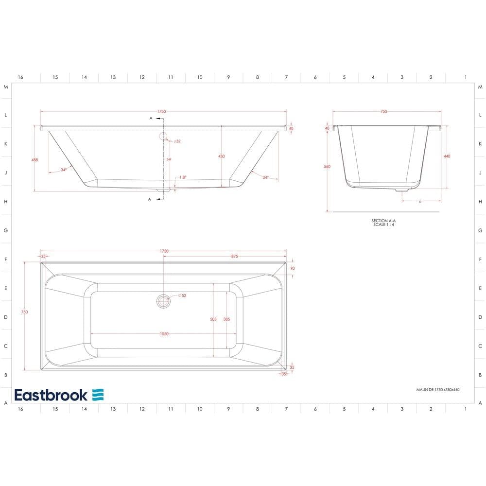 Eastbrook Double Ended Bath 1750 x 750 / 5mm Eastbrook Malin Double Ended Bath