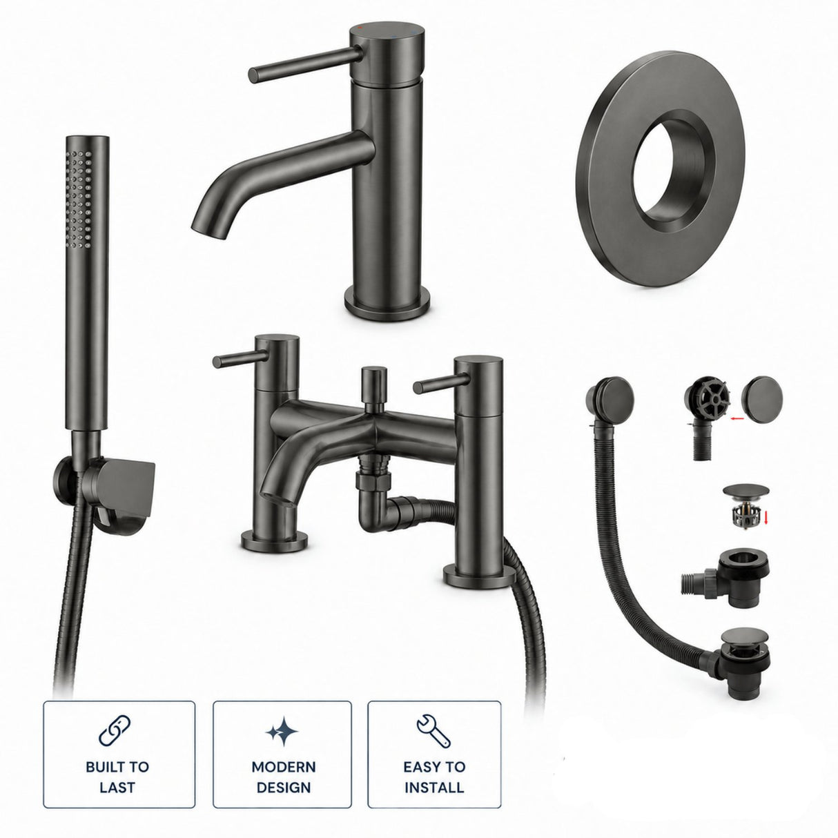 Aquarius Bathrooms Bath Shower Mixer Gun Metal Grey Aquarius RF-Series Complete Bath and Basin Brassware Pack with Basin Tap, Bath and Shower Mixer and Wastes