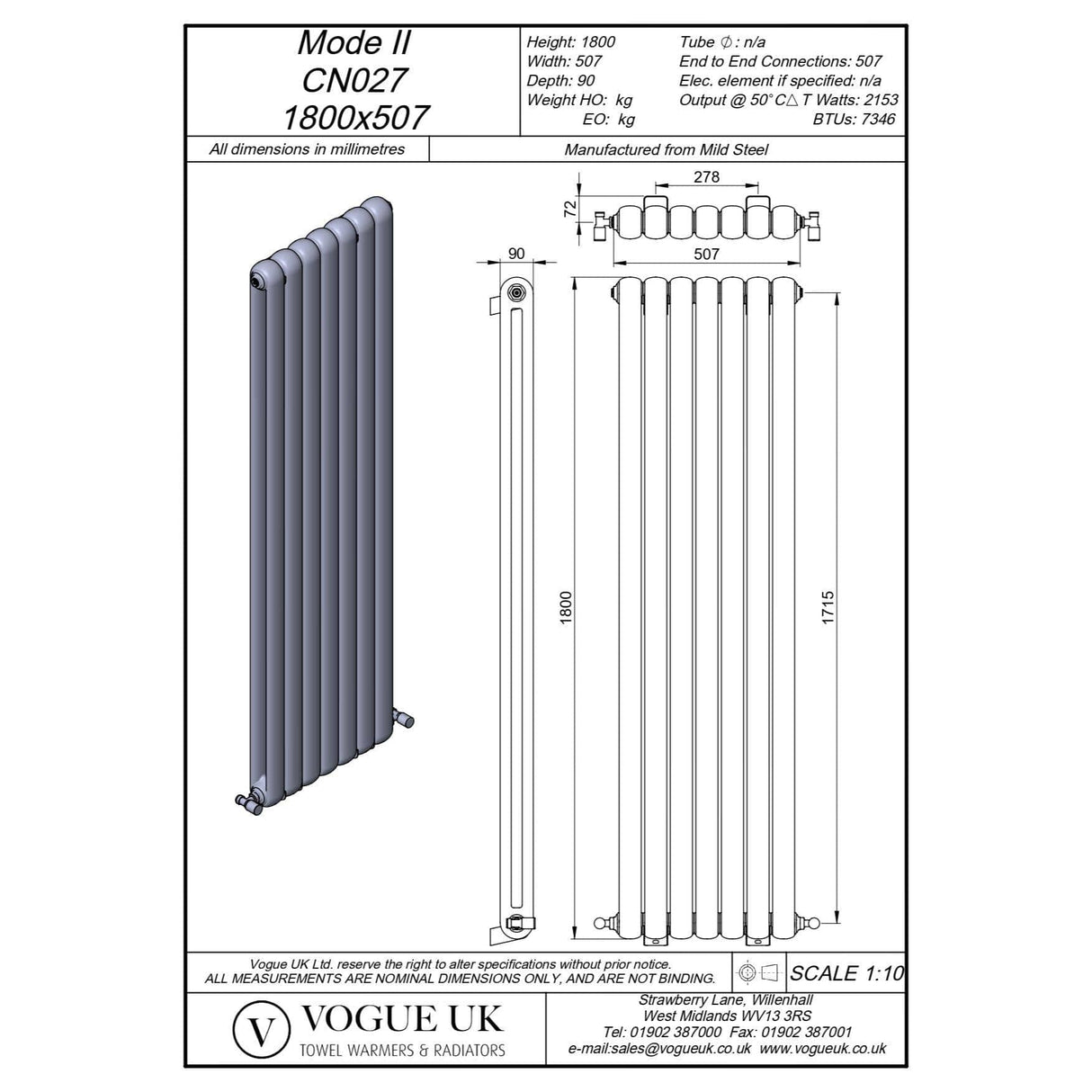 Vogue Column Radiators 1800 x 507mm Vogue Mode II Traditional 2 Column Radiator in White