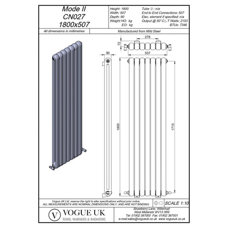 Vogue Column Radiators 1800 x 507mm Vogue Mode II Traditional 2 Column Radiator in White