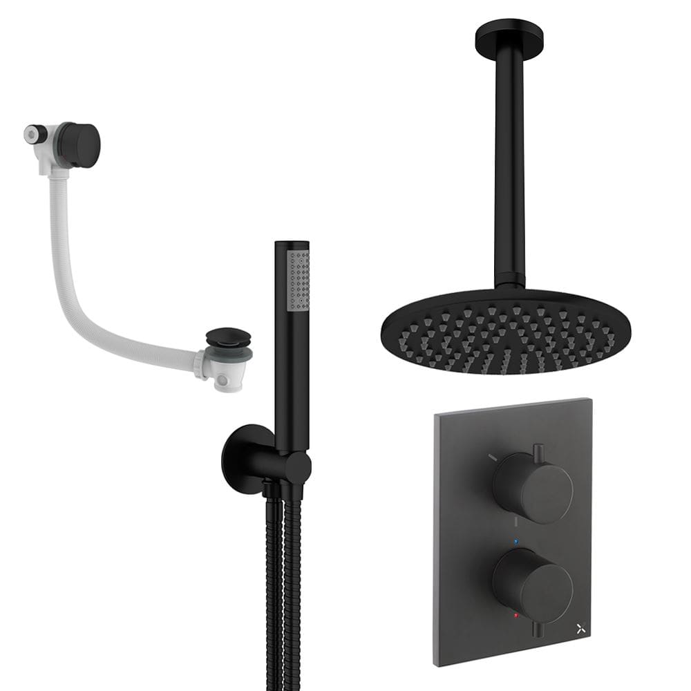 UK Bathroom Store Concealed Shower Set Matt Black / Ceiling Arm / 200mm Crosswater Crossbox Shower Set 9 - 3 Outlet with Fixed Overhead Shower,Pencil Handset and Overflow Bath Filler Waste
