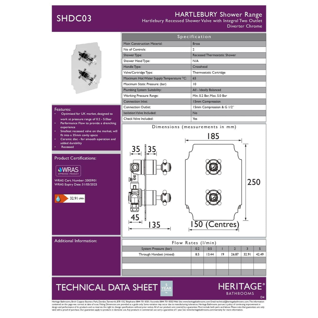 Heritage Concealed Shower Valve Heritage Hartlebury Concealed Thermostatic 1 Outlet, 2 Handle Shower Valve in Chrome