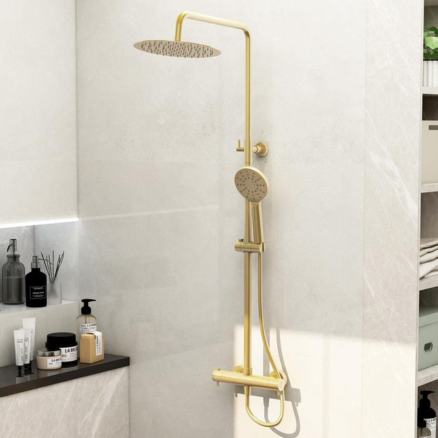 Imex Exposed Shower Set Brushed Brass Imex Ravine Cool Touch, Easy Fix, Thermostatic Shower Set with Fixed Overhead Shower And Multifunction Adjustable Handset