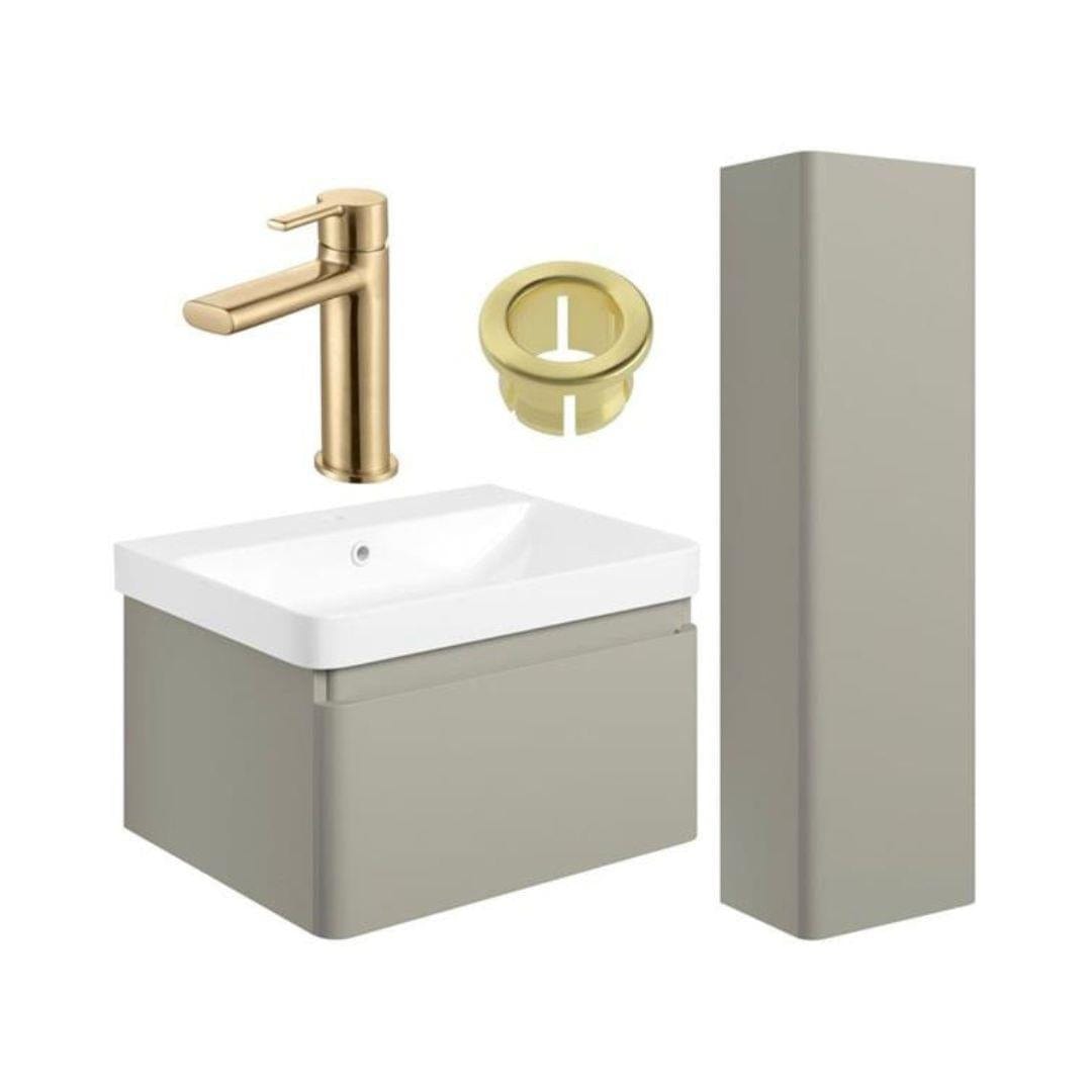 Aquarius Wall Mounted Vanity Unit Matt Latte / Brushed Brass Aquarius Sophie 605mm Vanity Unit and Tall Boy Set with Finishes