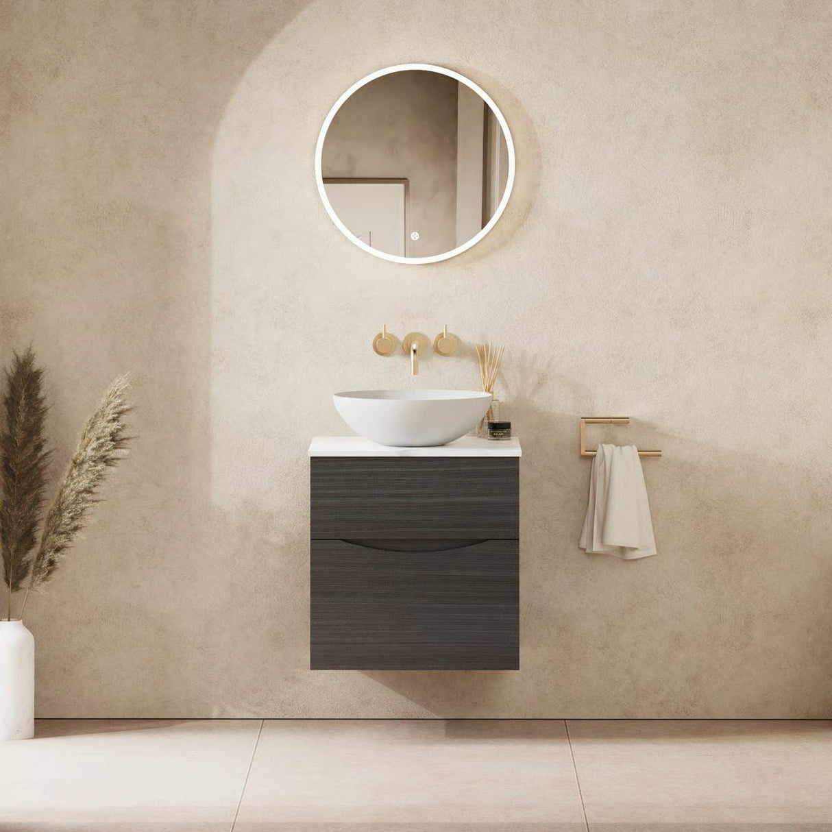 Crosswater Wall Mounted Vanity Unit 500mm / Steelwood / Carrara Marble Effect Crosswater Glide II Wall Mounted Two Drawer Vanity Unit with Worktop