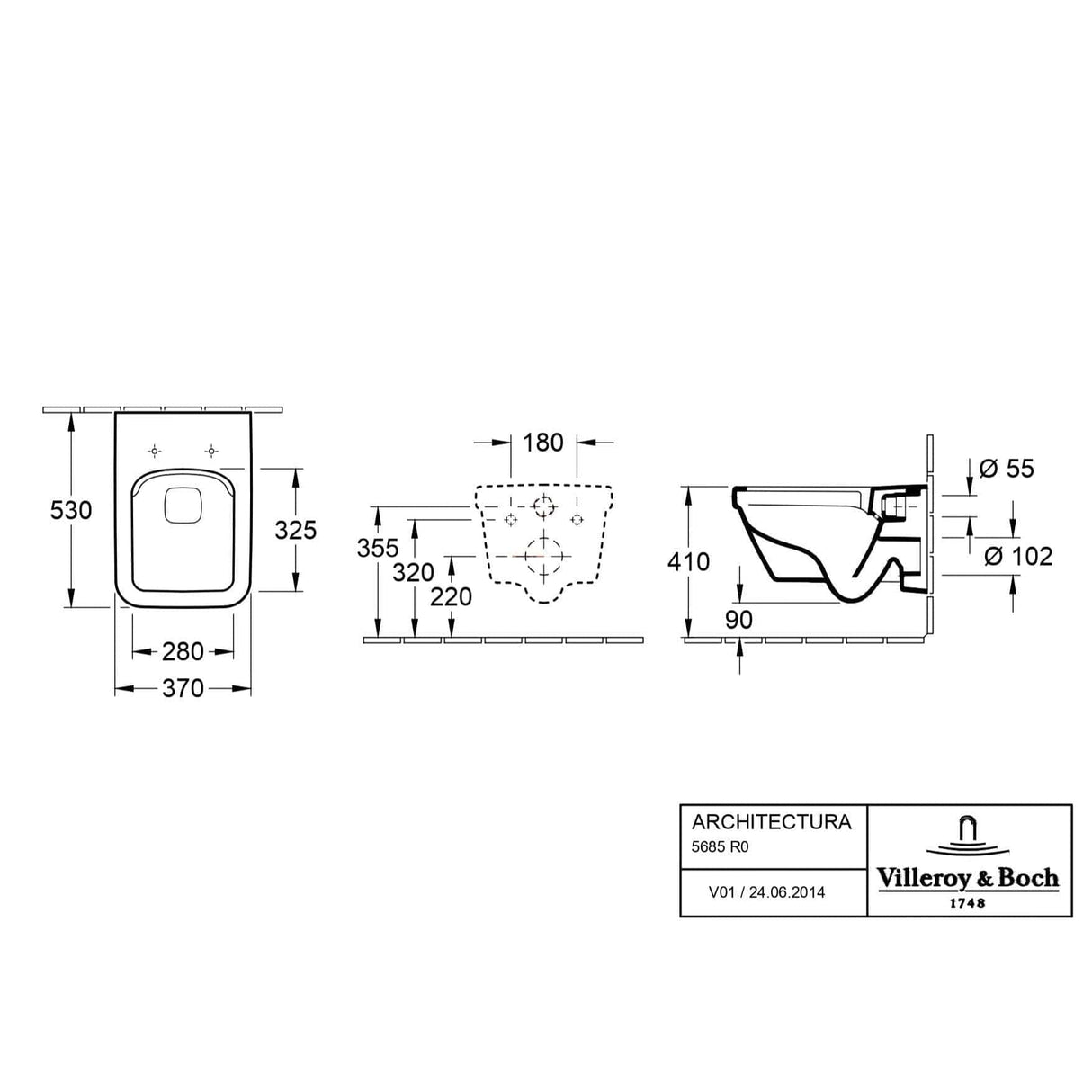 Villeroy & Boch Wall Hung Toilet Villeroy & Boch Architectura Square Wall Hung Rimless DirectFlush Toilet with Soft Close Seat