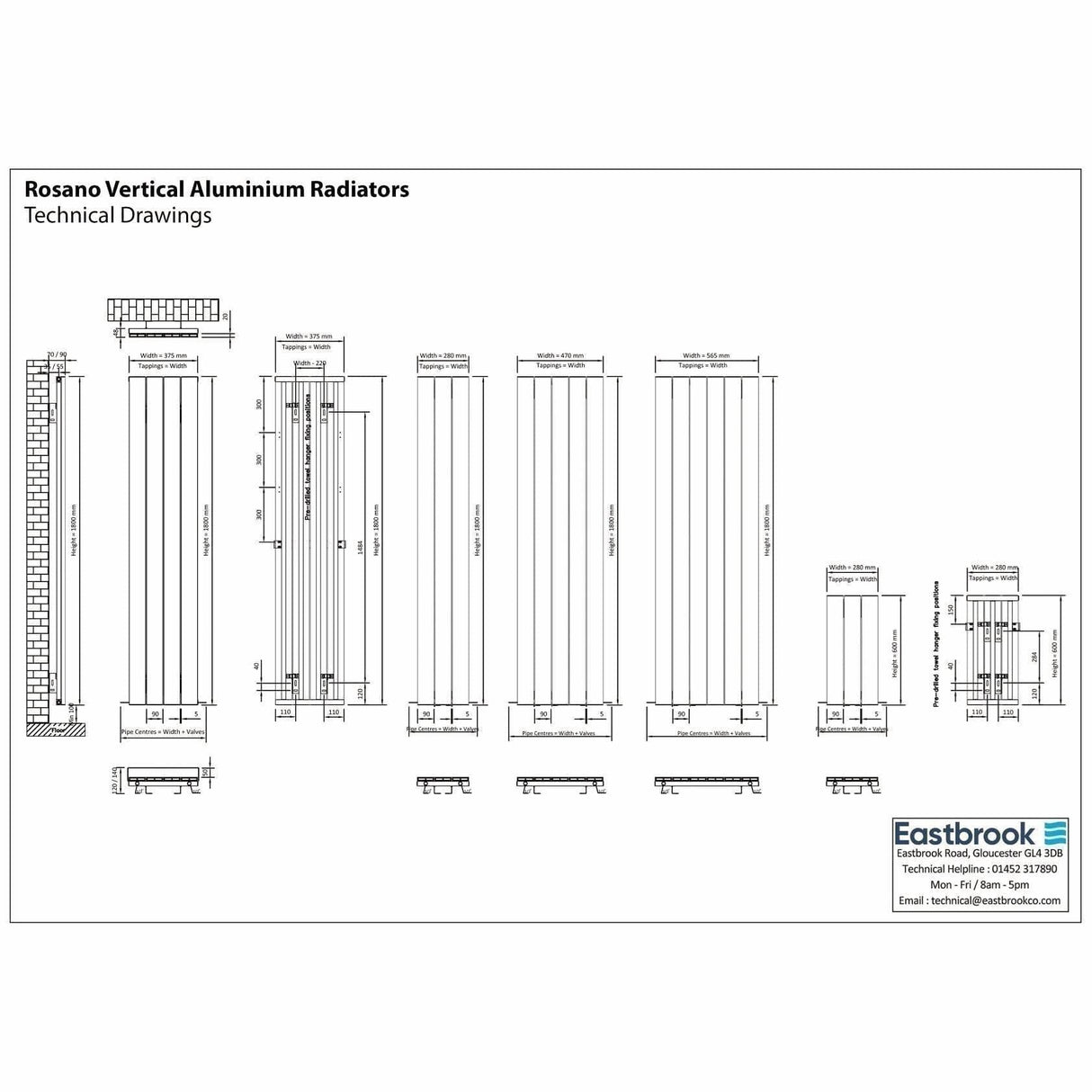 Eastbrook Panel Radiator Eastbrook Rosano Straight Vertical Aluminium Radiator in Matt Black
