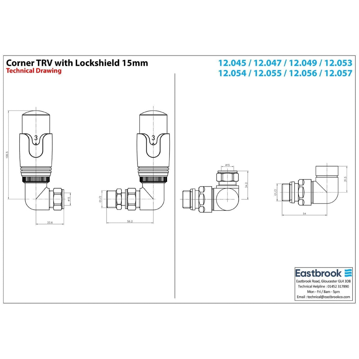 Eastbrook Radiator Valve Eastbrook Corner Thermostatic Radiator Valve with Lockshield 15mm (Pair)