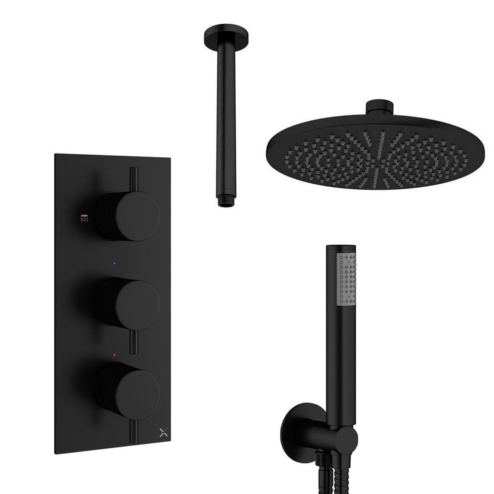 Crosswater Concealed Shower Set Matt Black / Ceiling Arm / 300mm Crosswater Design 3 Handle 2 Outlet Shower Set 7 with Pencil Handset and Rainfall Shower Head