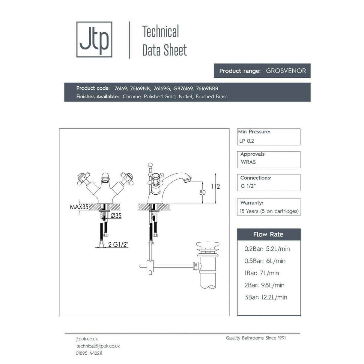 JTP Mono Basin Tap JTP Grosvenor Cross Mono Basin Mixer Tap with Pop Up Waste