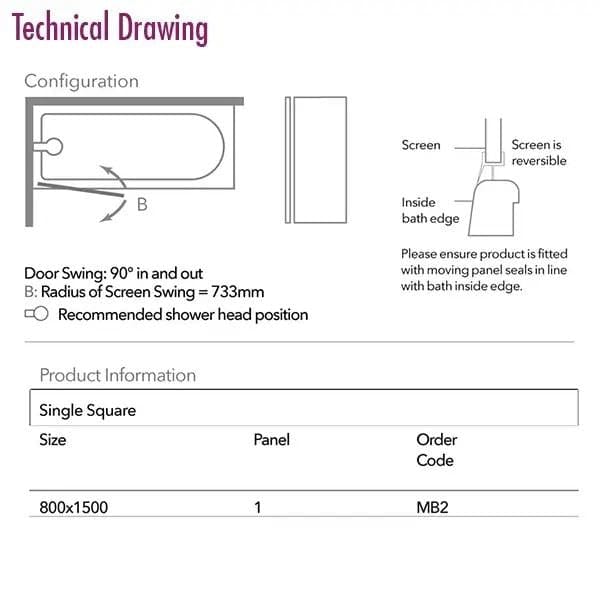 Merlyn Bath Screen Merlyn Single Square Bathscreen with Towel Rail with HydraSEAL Technology