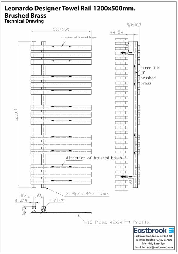 Eastbrook Designer Towel Radiator Eastbrook Leonardo Straight Vertical Heated Towel Rail in Brushed Brass