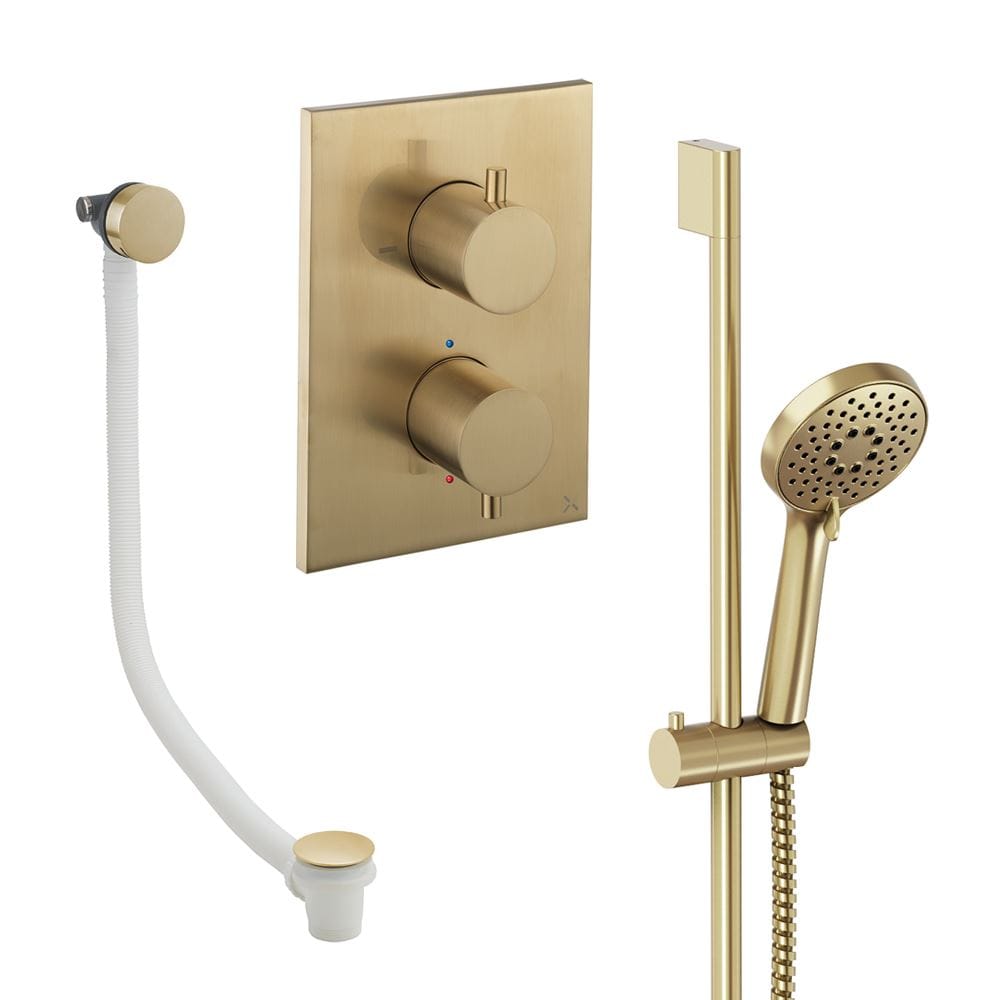 UK Bathroom Store Concealed Shower Set Brushed Brass Crosswater Crossbox Shower Set 6 - 2 Outlet with Riser Rail Kit and Overflow Bath Filler Waste