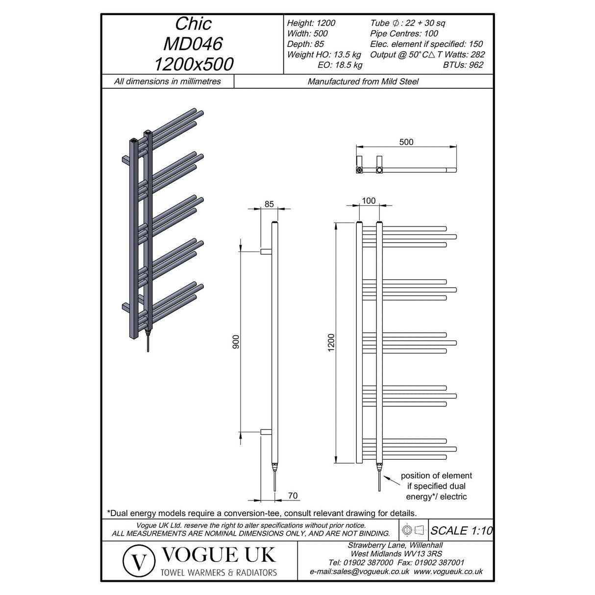 Vogue Designer Towel Radiator Vogue Chic Straight Designer Towel Radiator - 1200 x 50mm - Chrome