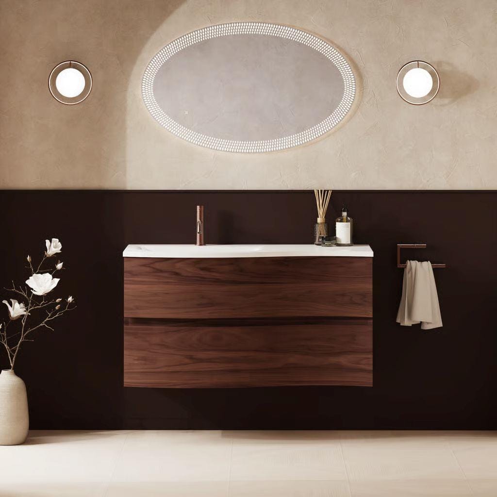 Crosswater Wall Mounted Vanity Unit 1000mm / American Walnut / Cast Mineral Marble Basin - 1 Tap Hole Crosswater Svelte Wall Hung Vanity Unit with Basin