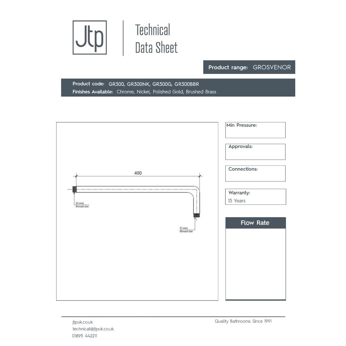 JTP Fixed Shower Arm JTP Grosvenor Wall Mounted 400mm Shower Arm