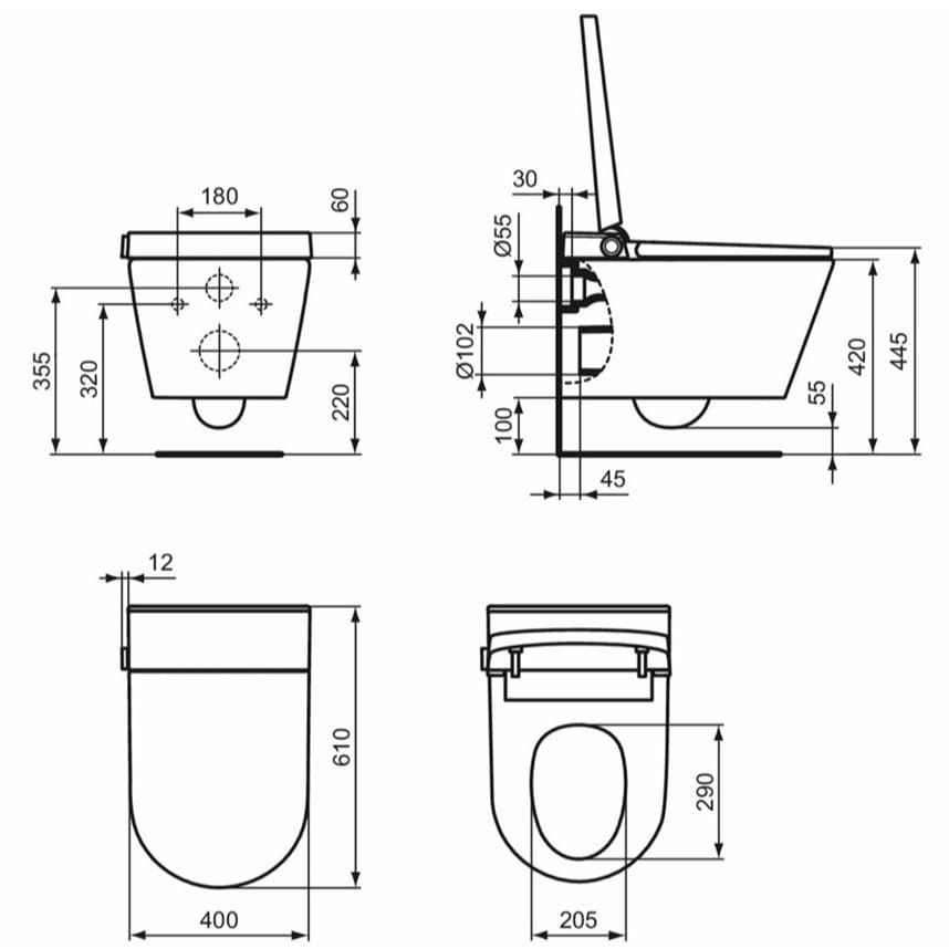 Ideal Standard Smart Toilet Ideal Standard i.life E Wall Hung Electronic Smart Toilet and Soft Close Seat