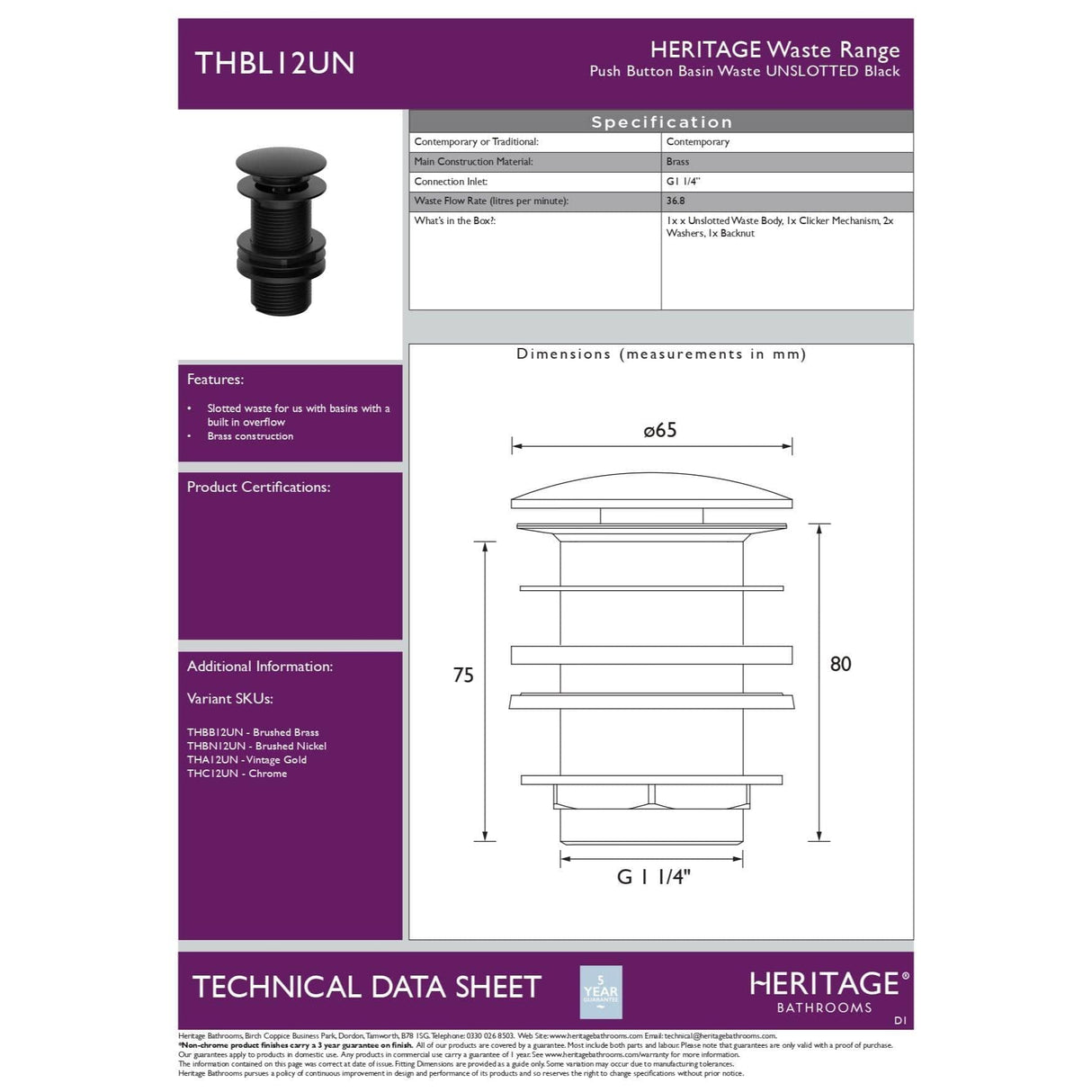 Heritage Basin Waste Heritage Unslotted Clicker Basin Waste