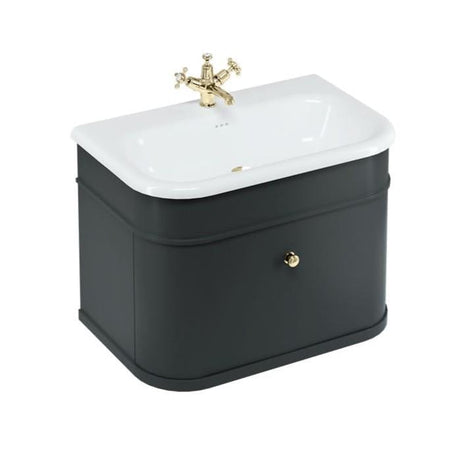 Burlington Wall Mounted Vanity Unit Matt Black / Natural Stone Roll Top Basin - 1 Tap Hole / Gold Burlington Chalfont 750mm Wall Mounted Single Drawer Vanity Unit with Basin
