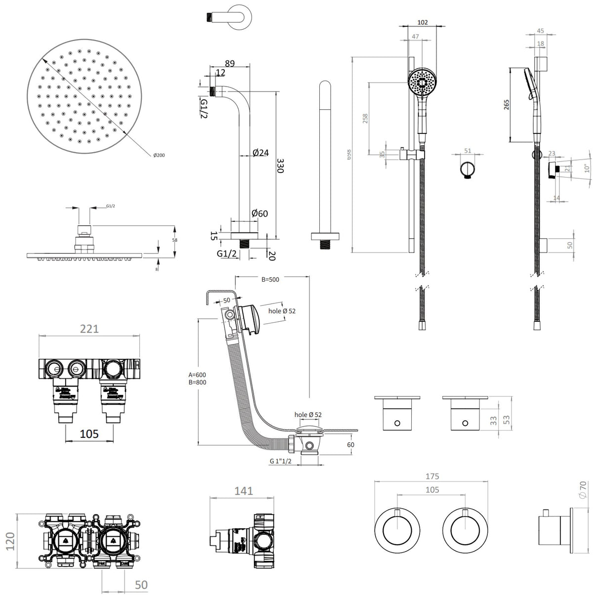 UK Bathroom Store Concealed Shower Set Crosswater Module Shower Set 7 - 3 Outlet with Riser Rail Kit, Overhead Shower and Overflow Bath Filler