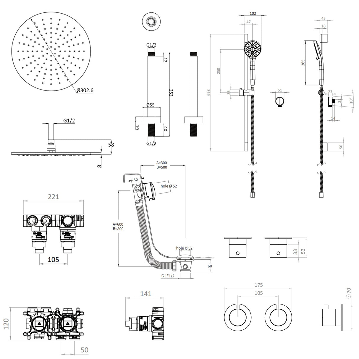 UK Bathroom Store Concealed Shower Set Crosswater Module Shower Set 7 - 3 Outlet with Riser Rail Kit, Overhead Shower and Overflow Bath Filler