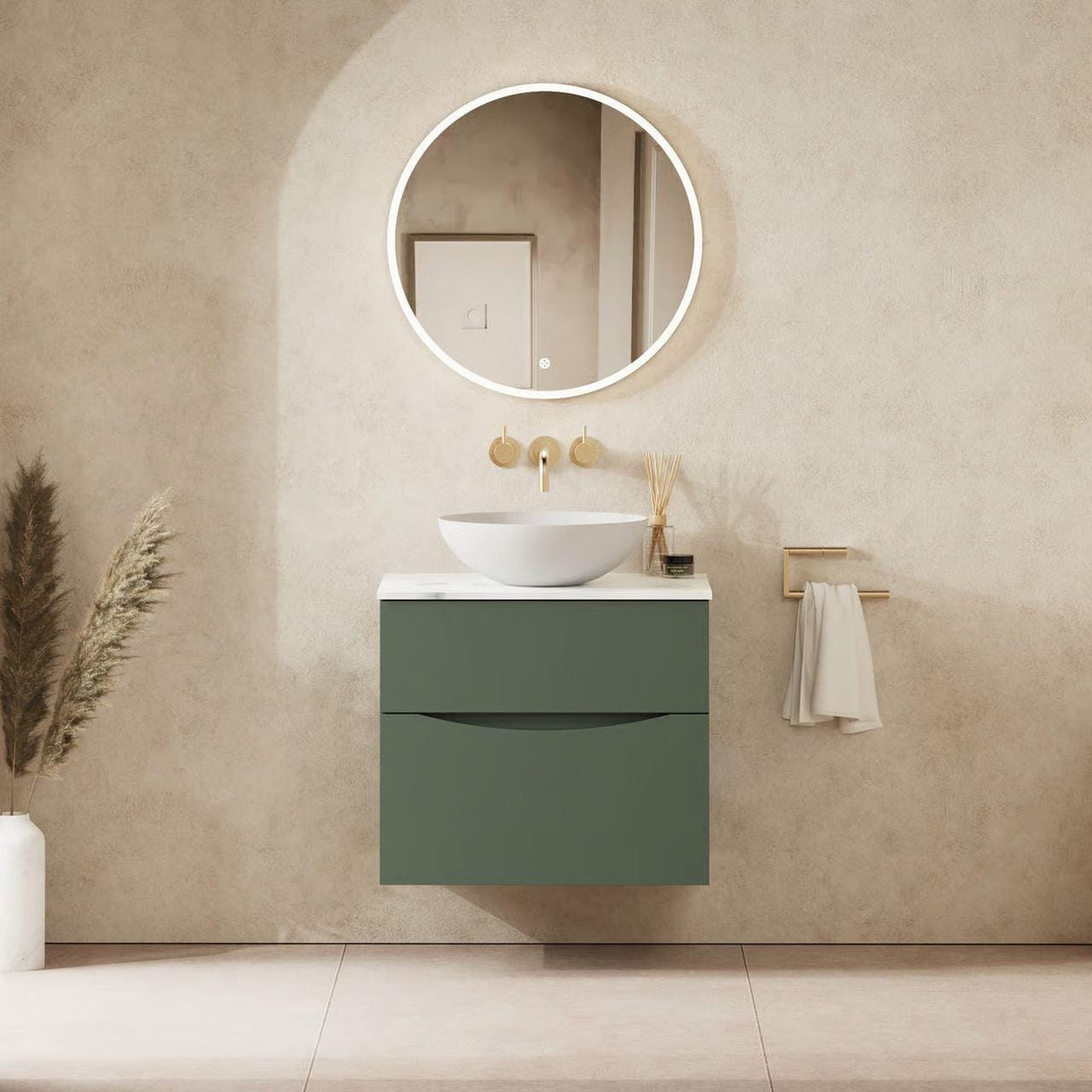 Crosswater Wall Mounted Vanity Unit 600mm / Sage Green / Carrara Marble Effect Crosswater Glide II Wall Mounted Two Drawer Vanity Unit with Worktop