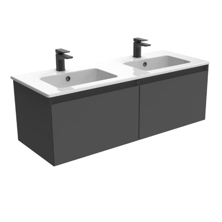 Saneux Wall Mounted Vanity Unit Matte Anthracite / 3 Hole Saneux Uni Vanity Unit With Double Basin - 1200 x 470mm - Two Drawer - Wall Mounted