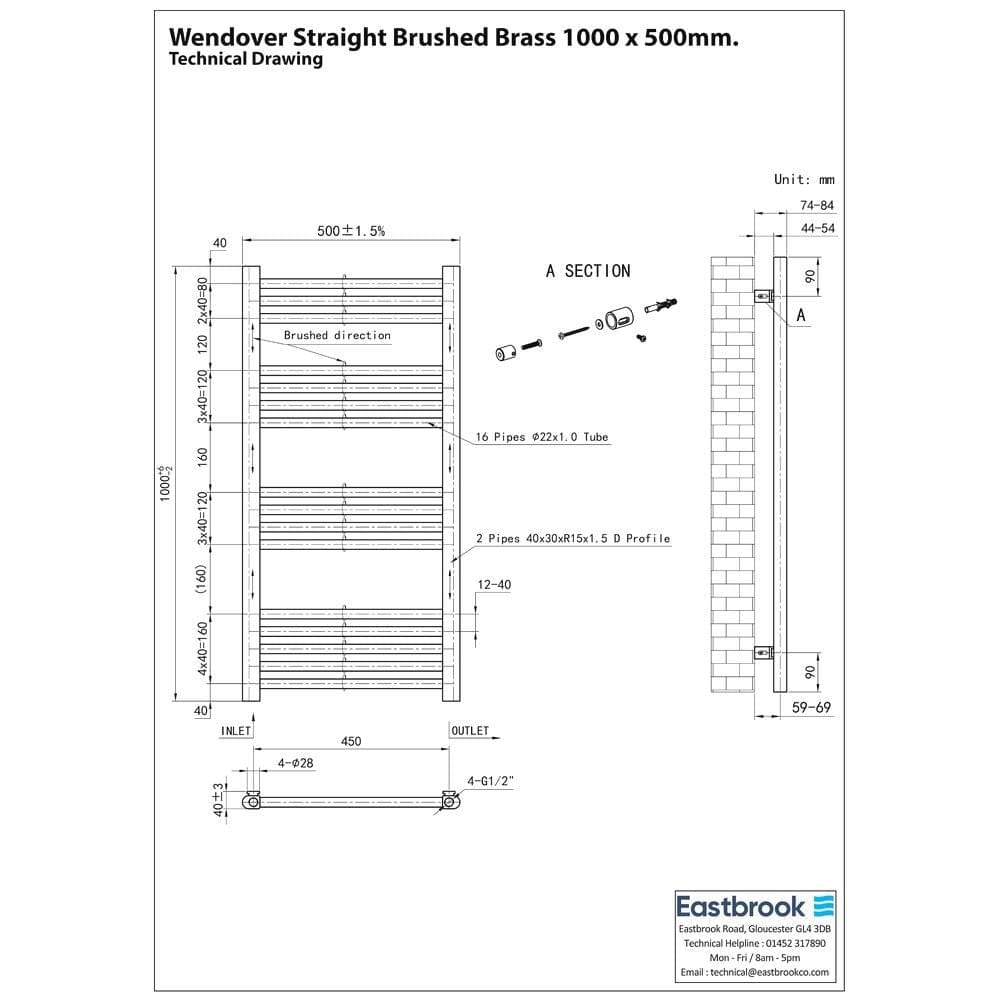 Eastbrook Ladder Rail Eastbrook Wendover Straight Heated Towel Rail in Brushed Brass