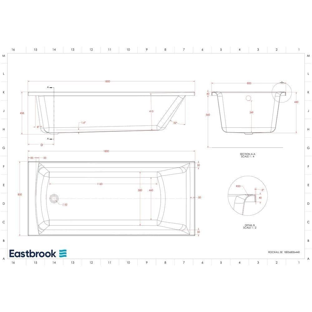 Eastbrook Single Ended Bath 1800 x 800mm / Reinforced Eastbrook Rockall Single Ended Bath