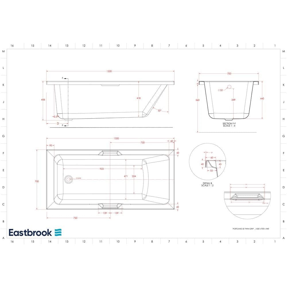 Eastbrook Single Ended Bath 1500 x 700mm / 5mm Eastbrook Portland Single Ended Bath with Twin Grips