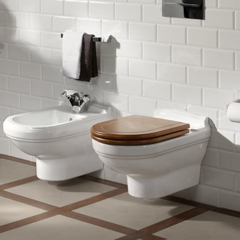 Villeroy & Boch Wall Hung Toilet Walnut Stained Solid Birch Wood Villeroy & Boch Hommage Traditional Wall Hung Toilet with Seat