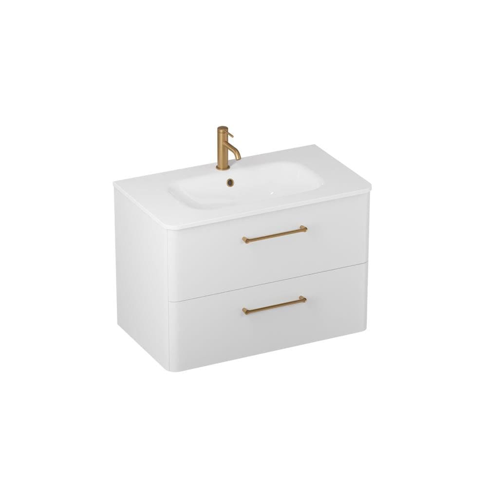 Britton Wall Mounted Vanity Unit Frosted White / 1 Tap Hole Basin / Brushed Brass Britton Camberwell Wall Mounted 800mm Vanity Unit with Basin or Worktop